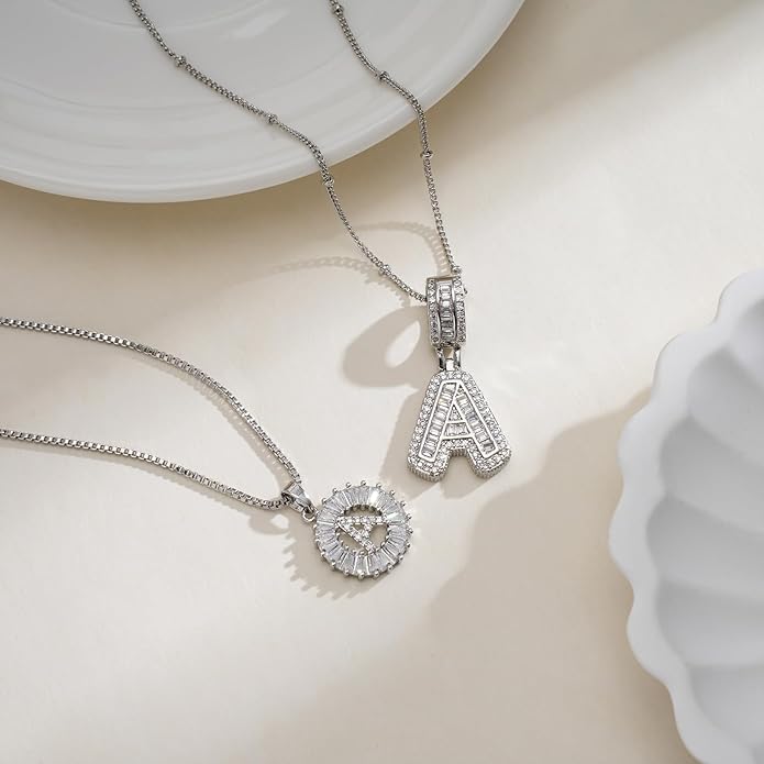 Initial Letter Necklace for Women 14k White Gold Silver Plated Dainty Necklaces Trendy Chunky Custom Layered Necklace Set Personalized Round Circle Zirconia A-Z Letter Chain Pendant Jewelry Gift