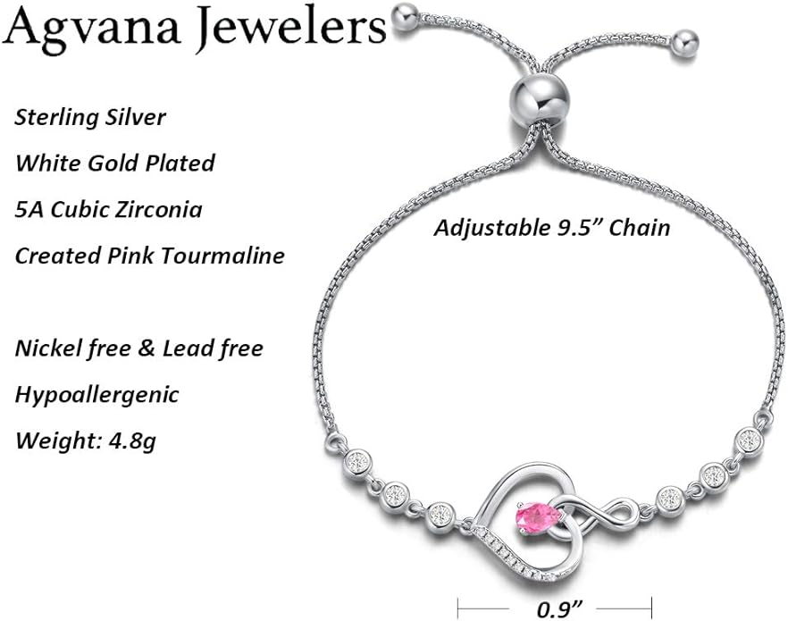 AGVANA Valentines Day Gifts Heart Birthstone Bracelets for Women Sterling Silver Genuine or Created Gemstone Tennis Bracelet Infinity Love Jewelry Anniversary Birthday Gifts for Wife Mom Women