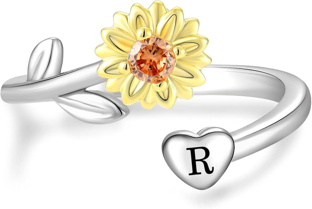 STARCHENIE Sunflower Initial Ring for Women 925 Sterling Silver Letters A-Z 26 Alphabet Adjustable Ring Size 7