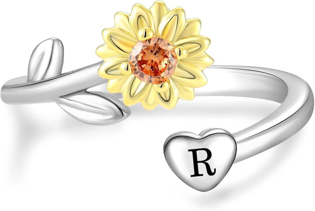 STARCHENIE Sunflower Initial Ring for Women 925 Sterling Silver Letters A-Z 26 Alphabet Adjustable Ring Size 7