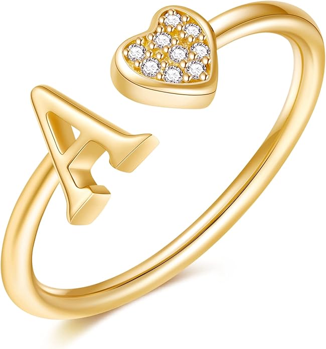 Valentines Day Gift Initial Rings for Teen Girls - S925 Heart Sterling Silver Rings for Teen Girls | 14K Gold/Rose Gold/Sterling Silver Plated Ring for Girls Kids Women Ring for Teenager Girls Gifts Adjustable, No Tarnish, Hypoallergenic
