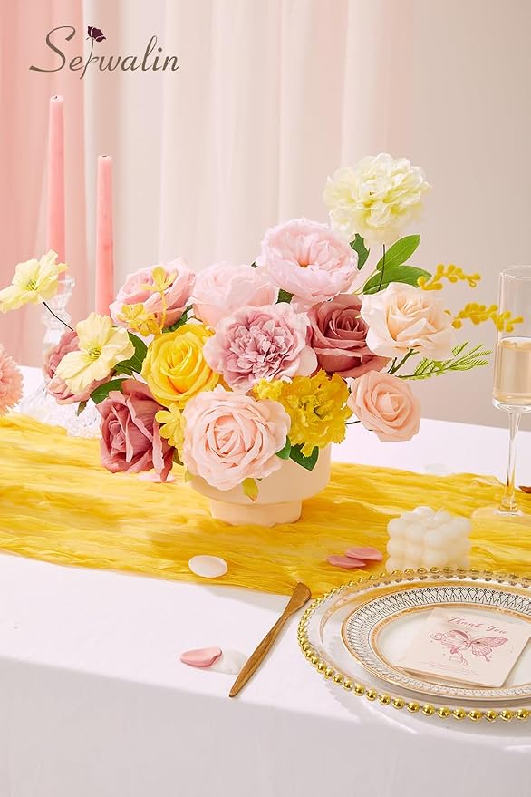 Serwalin Pink Yellow Artificial Flowers, Wedding Silk Fake Flowers Box | Faux - Image 6