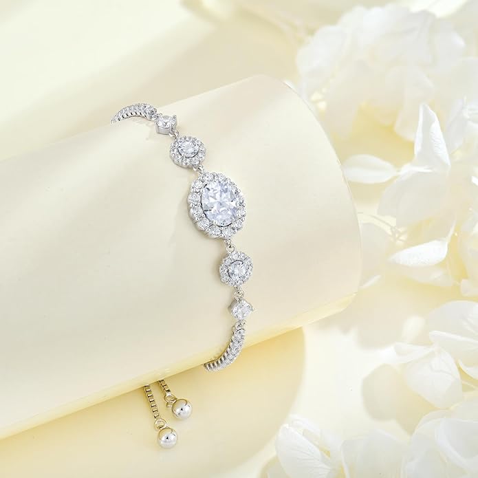 925 Sterling Silver Birthstone Bracelets for Women, Adjustable Halo Cubic Zirconia CZ Bracelet Anniversary Birthday Jewerly for Mom Wife