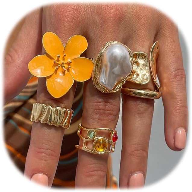 CJIAYUJEW Chunky Gold Flower Rings Pearl Stacking Statement Rings for Women Silver Chunky Knuckle Ring Set Adjustable Pearl Finger Ring Sets