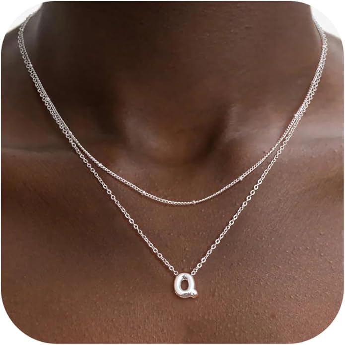 Valentines Day Gifts for Her - Bubble Letter Necklace Layered 14K Gold Plated Initial Necklaces for Women Dainty Cute Choker Pendant Stack Jewelry Fashion Accessories Teen Gift Trendy Stuff