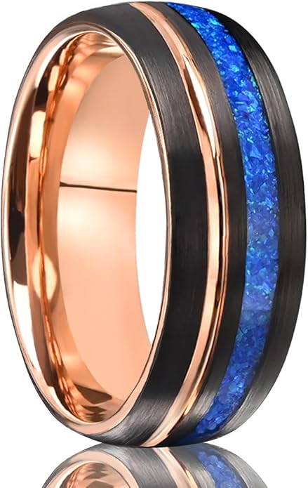 Tungsten Carbide Rings for Men Women 8mm Men's Engagement Wedding Bands Rose Golden Grooved Inlaid Blue Opal Matte Brushed