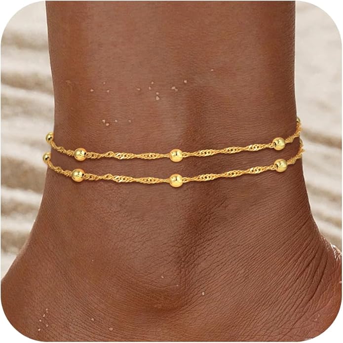 Ankle Bracelets for Women - 14K Gold Plated Waterproof Cuban Water Wave Chain Beads Rhinestone Anklets Set Layered Anklet Bracelets for Women Gold Jewelry Gift