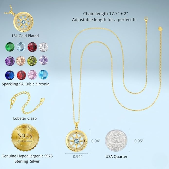 Compass Necklace for Women Wife Girlfriend Mom Daughter Gifts S925 Sterling Silver Jewelry For Anniversary Rose Gold Gifts For Birthday Christmas Mothers Valentines Day 12 Birthstones