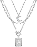 MJartoria Layered Initial Necklaces for Women Trendy, 14K Gold Plated Brass Simple Moon Choker Square Letter Pendant Necklace, Paperclip Chain Necklaces Jewelry Gifts