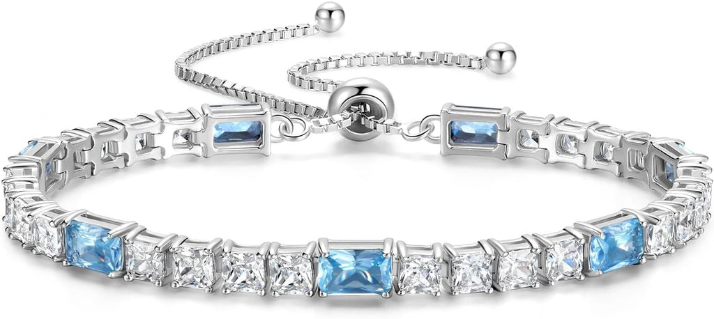 FANCIME Birthstone Bracelet for Women, Sterling Silver 4x6mm Gemstone Tennis Bracelet Bolo Adjustable Chain Fine Jewelry Birthday Gifts for Women Mom Wife Her
