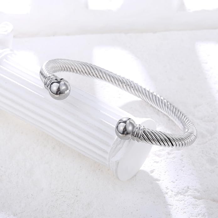 Adjustable C-Shape Open Cuff Bangle, Twisted Cable Bracelet for Men & Women, Chic Stainless Steel Unisex Jewelry Gift for Him Her, Unique Anniversary Present