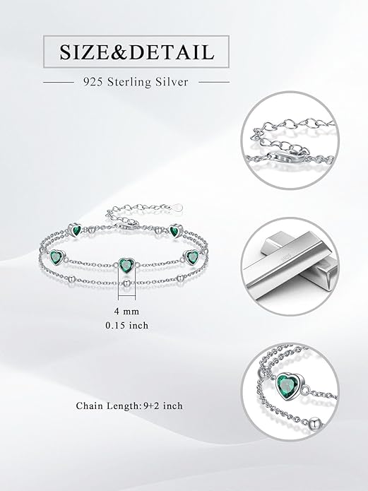 Birthstone Anklet/Bracelets for Women 925 Sterling Silver Charm Link Double Strand Heart Birthstone Jewelry Gift for Wife Women Mother's Day Gift