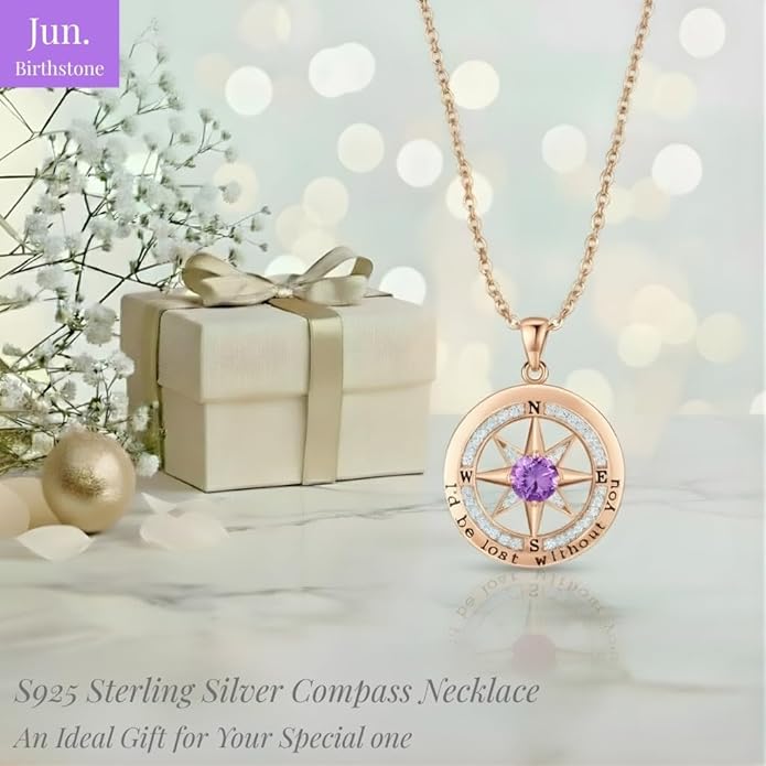 Compass Necklace for Women Wife Girlfriend Mom Daughter Gifts S925 Sterling Silver Jewelry For Anniversary Rose Gold Gifts For Birthday Christmas Mothers Valentines Day 12 Birthstones