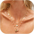 Gold Sea Shell Necklace Layered Charm Necklace for Women Boho Summer Seashell Beach Starfish Necklaces 14k Pearl Chain Surfer Jewelry Beach Vacation Essentials