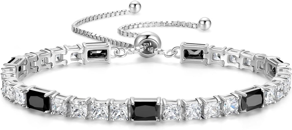 FANCIME Birthstone Bracelet for Women, Sterling Silver 4x6mm Gemstone Tennis Bracelet Bolo Adjustable Chain Fine Jewelry Birthday Gifts for Women Mom Wife Her
