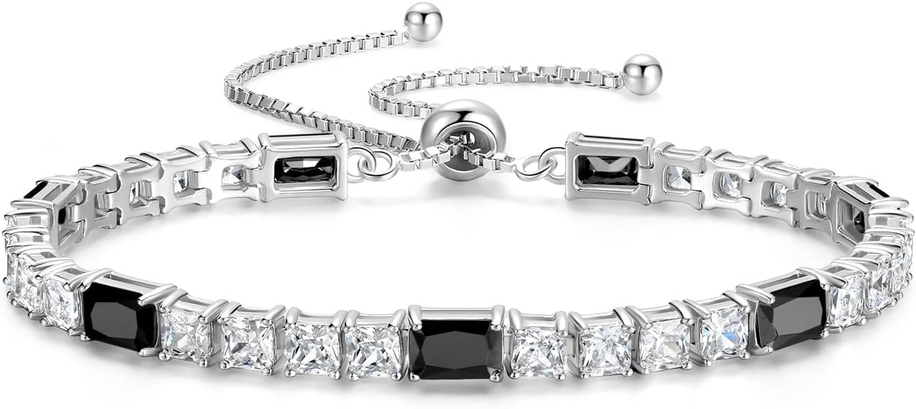 FANCIME Birthstone Bracelet for Women, Sterling Silver 4x6mm Gemstone Tennis Bracelet Bolo Adjustable Chain Fine Jewelry Birthday Gifts for Women Mom Wife Her