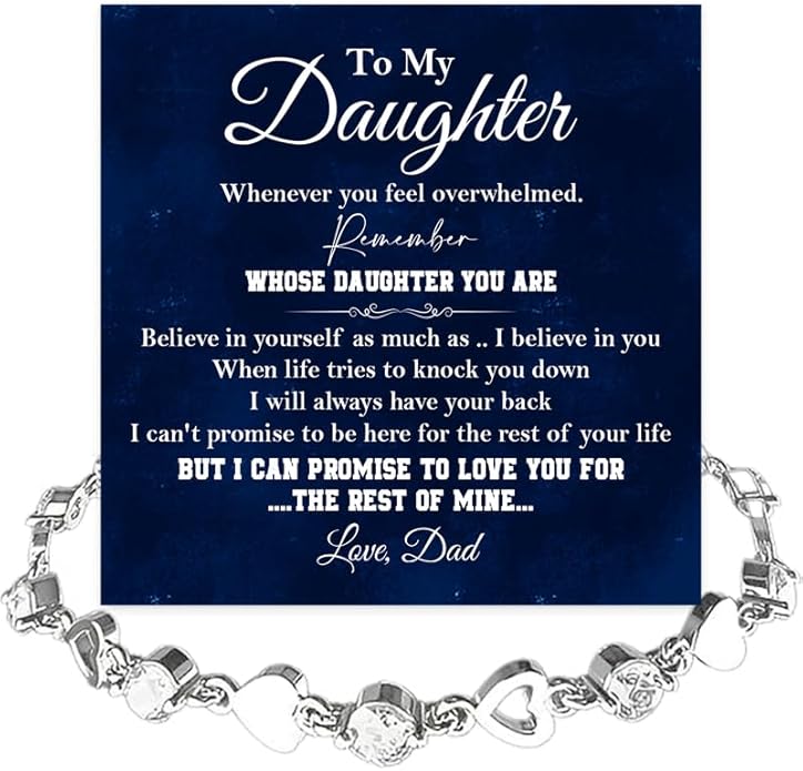 To My Daughter Bracelet, Silver Heart Chain Bracelet with Shiny Stones, Perfect Birthday or Graduation Christmas Gift for Daughter with Message Card Gift Box