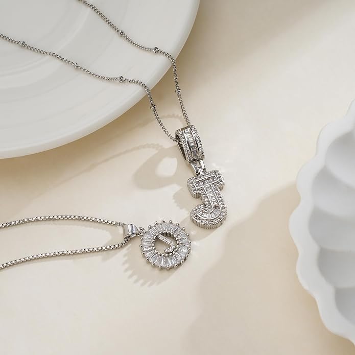 Initial Letter Necklace for Women 14k White Gold Silver Plated Dainty Necklaces Trendy Chunky Custom Layered Necklace Set Personalized Round Circle Zirconia A-Z Letter Chain Pendant Jewelry Gift