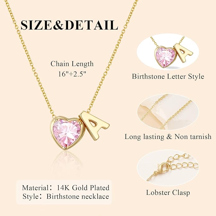 Valentines Day Gifts for Her- Heart Birthstone Initial Necklace for Women Girls,14K Gold Plated Heart Letter A-Z Necklace Birthday Trendy Jewelry Gifts for Women Girls Daughter