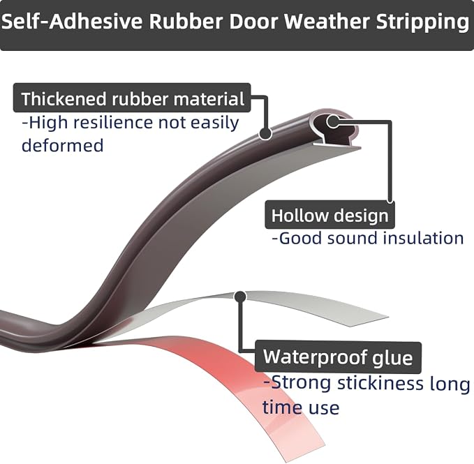ESUFEIR 26Feet Door Weather Stripping Door Seal Strip, Self-Adhesive Rubber - Image 4