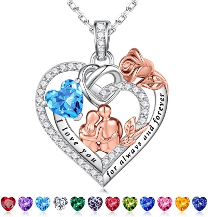 Iefil Valentines Day Gifts for Her - 925 Sterling Silver Birthstone Heart Necklace for Women, Anniversary Birthday Gifts for Wife Girlfriend Mom