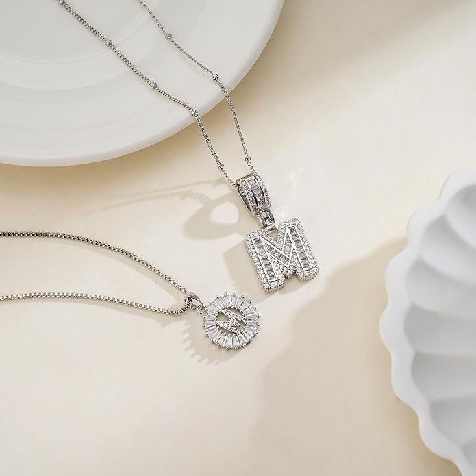 Initial Letter Necklace for Women 14k White Gold Silver Plated Dainty Necklaces Trendy Chunky Custom Layered Necklace Set Personalized Round Circle Zirconia A-Z Letter Chain Pendant Jewelry Gift