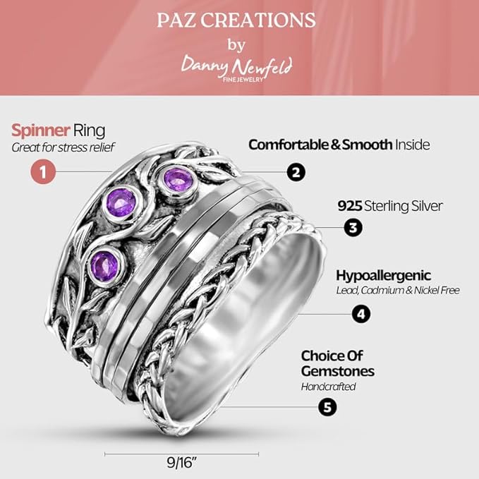Paz Creations 925 Sterling Silver Spinner Rings for Women With Natural Gemstones - Hammered Pattern Thick Band - Handcrafted Artisan Jewelry - Fidget Rings - Gift For Her