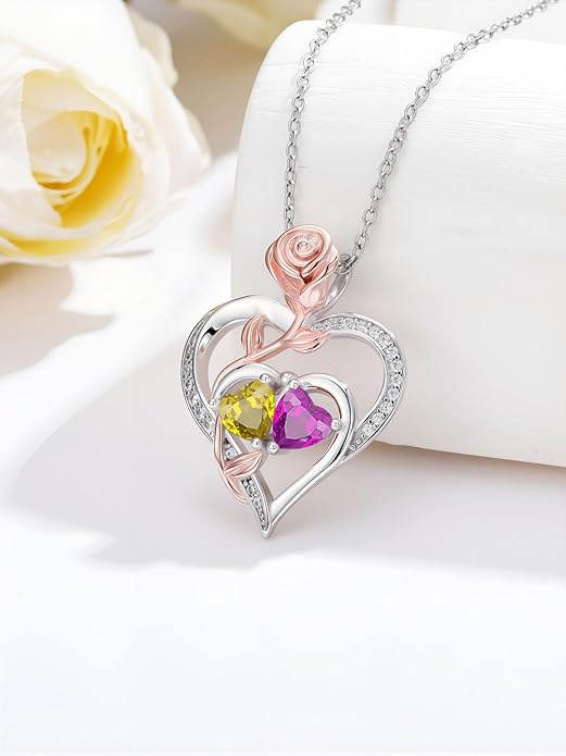 Rose Flower Heart Pendant for Women Birthday Gifts 18k Gold Plated Mother Daughter Necklace with 12 Months Birthstone Christmas Valentines Day Gifts for Her Mom Anniversarry Jewelry for Mom Wife Girlfriend