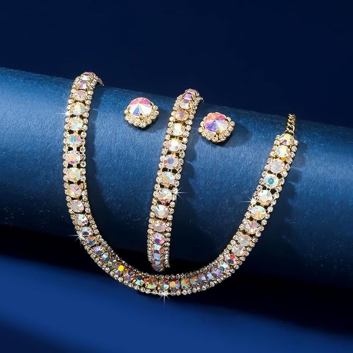 Women Rhinestone Crystal Jewelry Set Crystal Tennis Design Rhinestone Choker Necklace Link Bracelet Teardrop Earrings Set Wedding Bridal Bridesmaids Party