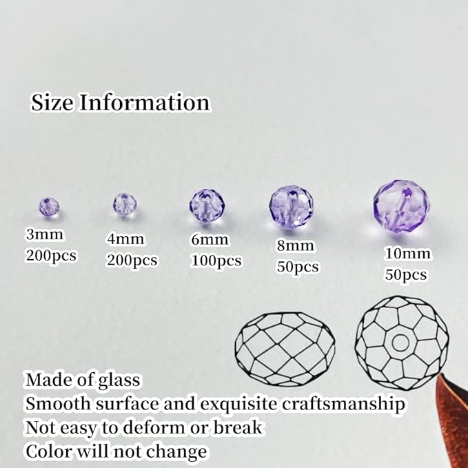 600pcs Crystal Glass Beads 3mm 4mm 6mm 8mm 10mm Rondelle Faceted Crystal Beads Spacer Beads for Necklace Bracelet Earrings DIY Jewelry Crafts Making Supplies(Crystal Purple)