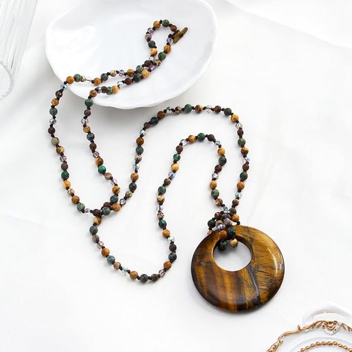 Yomisa Boho Necklaces for Women Men Long,33/34/35 Inch Natural Turquoise Tiger Eye Beaded Stone Pendant Necklaces for Women Trendy,Handmade Bohemian Western Bead Necklace Fashion Charm Jewelry Gift