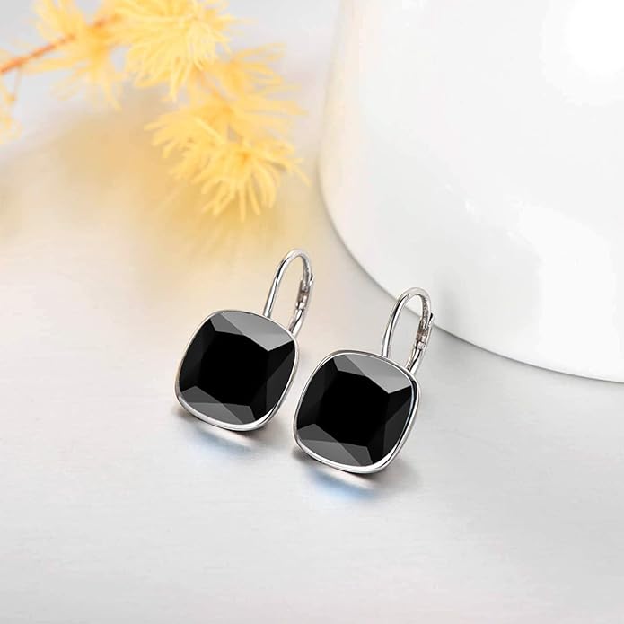 AOBOCO Sterling Silver Leverback Earrings Embellished with Crystals from Austria, Hypoallergenic Cushion Cut Square Crystal Earrings, Fine Anniversary Birthday Jewelry Gifts for Women