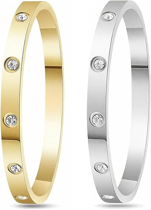 2Pcs 18K Gold-Plated Love Bangle Bracelets set for Women, Stainless Steel Cubic Zirconia Bangle Crystal Friendship Jewelry, Easter Wedding Birthday Gifts for Girlfriend, Wife, Monther