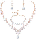 Bridal Wedding Jewelry CZ Set Marquise Teardrop Cubic Zirconia Pendant Necklace and Dangle Earring Bracelet Sets for Women