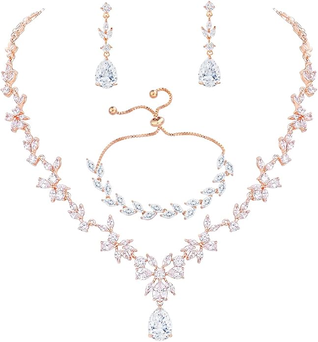 Bridal Wedding Jewelry CZ Set Marquise Teardrop Cubic Zirconia Pendant Necklace and Dangle Earring Bracelet Sets for Women
