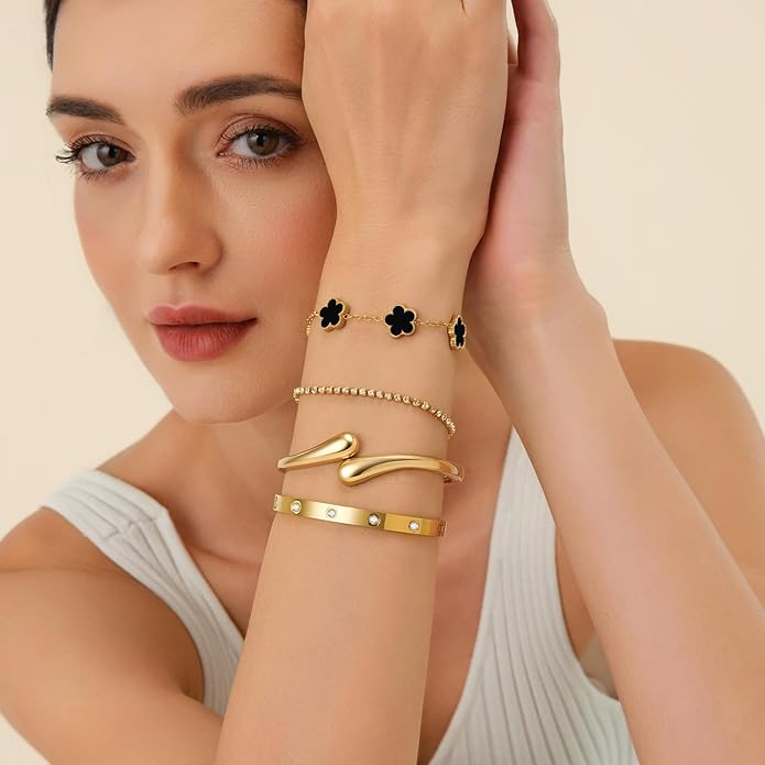 PDWZNBA 18K Gold-Plated Bracelet Set – Floral Clover, Tennis, Chunky Adjustable Twist Cuff, Classic Gold-plated Bangle Stainless Steel, Non Tarnish, Stackable Bracelet Gift for Women