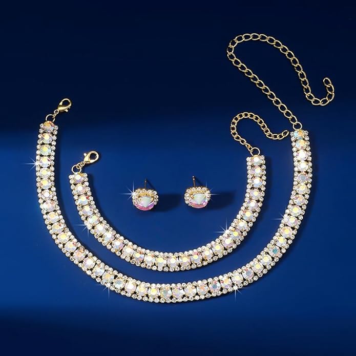 Women Rhinestone Crystal Jewelry Set Crystal Tennis Design Rhinestone Choker Necklace Link Bracelet Teardrop Earrings Set Wedding Bridal Bridesmaids Party