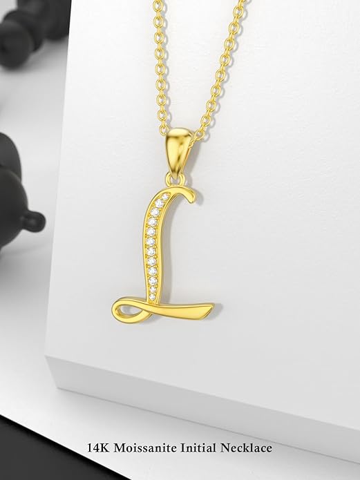 14k Gold Initial Necklace for Women, Solid Gold Moissanite Letter Pendant Necklaces Jewelry for Her Birthday Valentines Day Gifts for Mom Wife Christmas Gifts for Girlfriend Sister