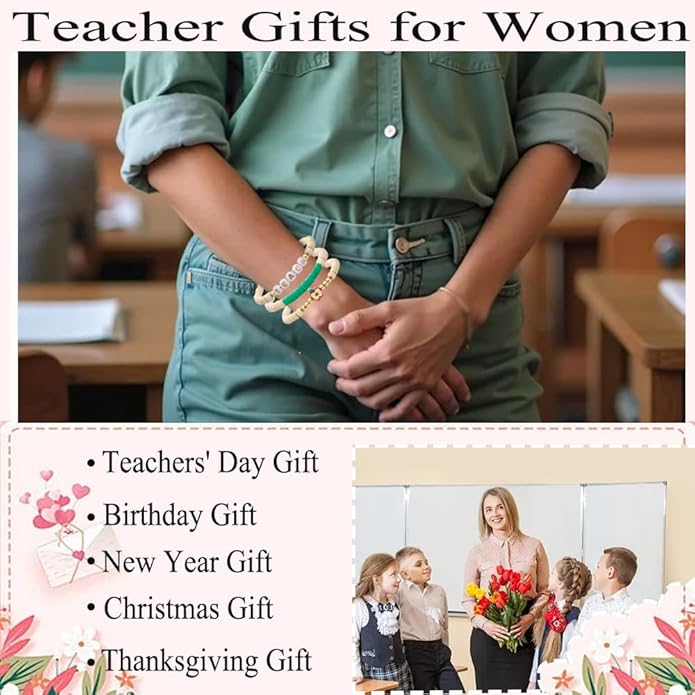 COLOYAN 18PCS Teacher Appreciation Gifts for Women Men, Teacher Gifts Wooden Beaded Bracelet elastic Clay Bracelet, Birthday Christmas Thanksgiving Thank You Gifts for Teachers