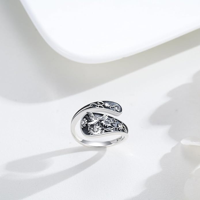 Spoon Ring for Women 925 Sterling Silver Hummingbird Ring Vintage Antique Spoon Rings Hummingbird Jewelry Adjustable Rings for Women