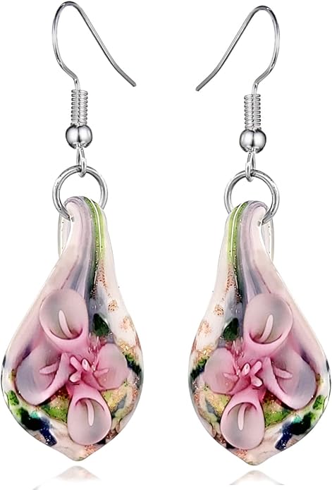 BESHEEK Handmade Murano Inspired Gorgeous Artist Made Pink Purple Blue Twist Glass Dangle Earrings | Handcrafted Blown Hypoallergenic Artisan Lampwork Italian Style Jewelry