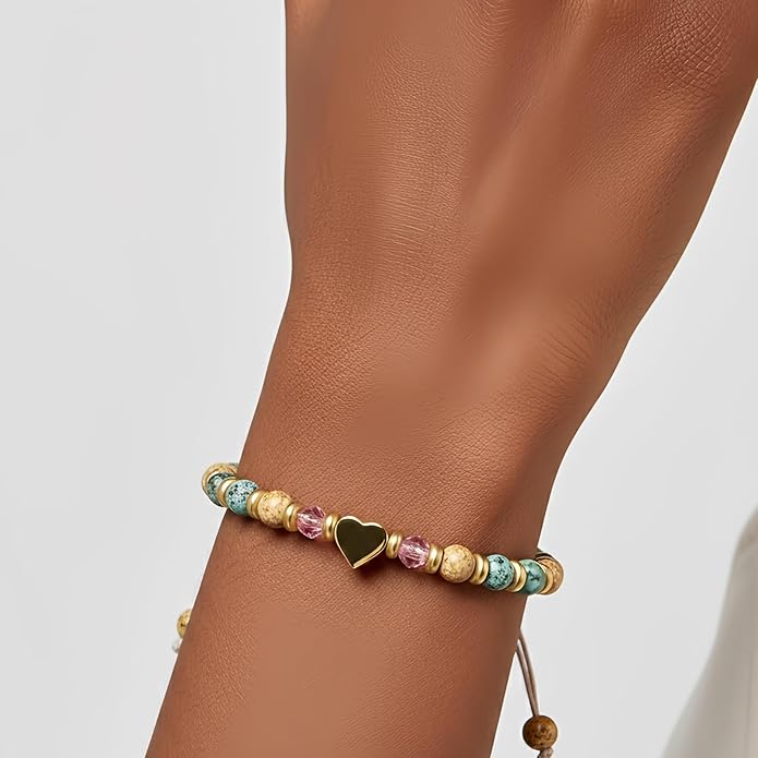 Natural Stone Heart Charm Bracelet - Adjustable Beaded Jewelry for Women, Thinking of You Gift.