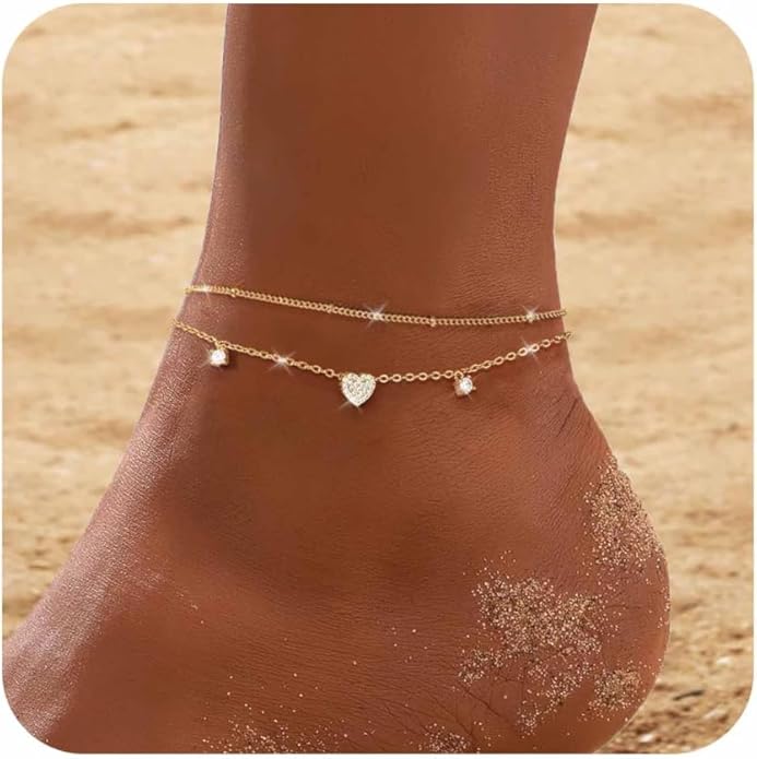 RLMOON Gold Anklets for Women CZ Ankle Bracelet 14K Gold/Silver Plated Waterproof Dainty Layered Tennis Heart Dot Chain Silver Anklets Trendy Foot Jewelry