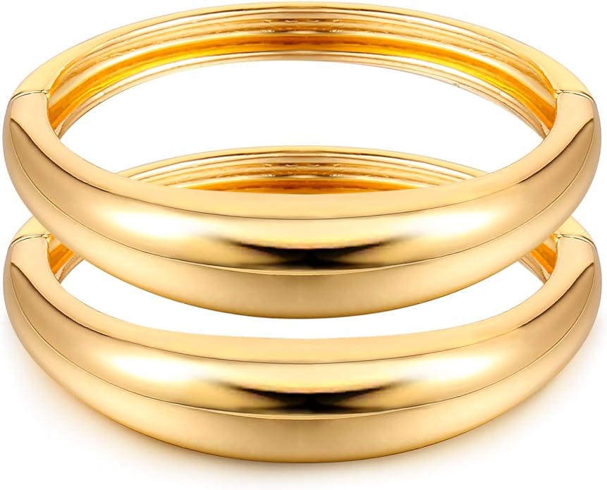 2Pcs Bangle Bracelets for Women Gold Arm Cuff 14k Gold Plated Chunky Gold Bangle Set Hinged Cuff Bracelets Trendy Arm Cuff Jewelry for Women