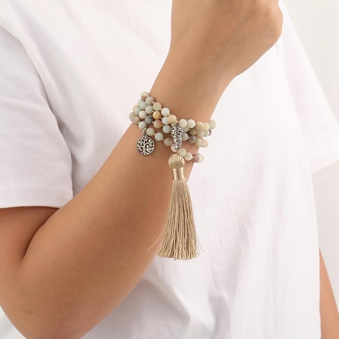 INBLUE 108 Mala Prayer Beads Wrap Necklace with Long Tassel Boho Necklace for Women Amazonite Bead Bracelet with Spiritual Tree of Life Pendant 108 Beads Necklace for Meditation