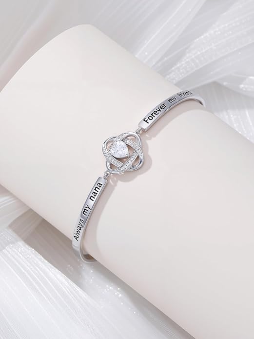 Valentines Day Gifts for Her, 18k White Gold Plated Love Knot Bracelets, Engraved Inspirational and Sentiment Bangle, Anniversary Birthday Jewelry Gift for Lover Wife Girlfriend Sister Friends