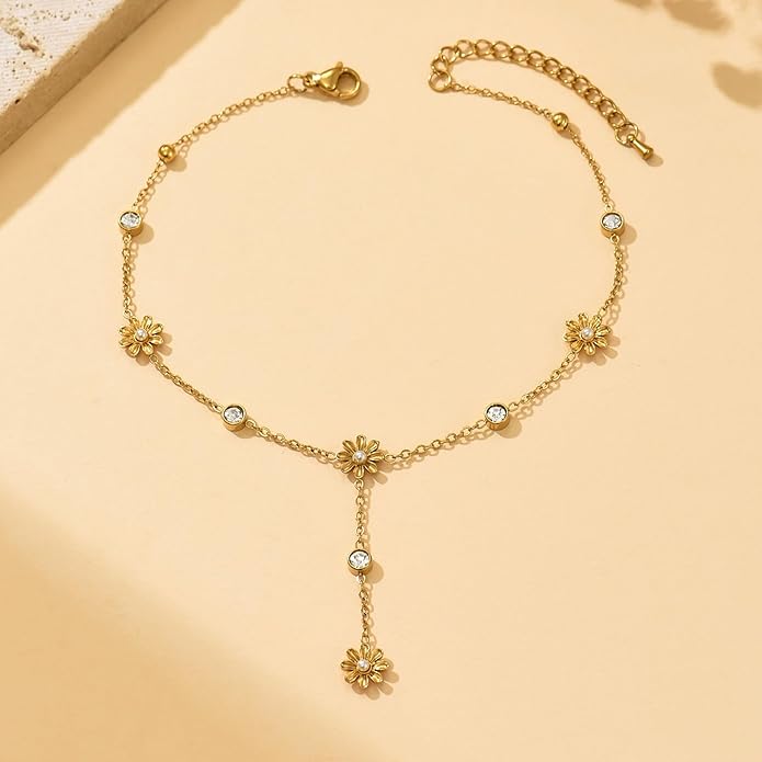 Anklets for Women Dainty CZ Ankle Bracelet 18K Gold Plated Waterproof Boho Dot Star Moon Daisy Ocean Beaded Anklet Trendy Foot Jewelry