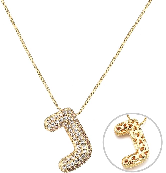 RWQIAN Letter Necklace for Women Bubble, Chunky Initial Alphabet A-Z Pendant Puffy Name Personalized Necklace Dainty Zircon CZ Fashion Jewelry Gifts for Girls Girlfriend
