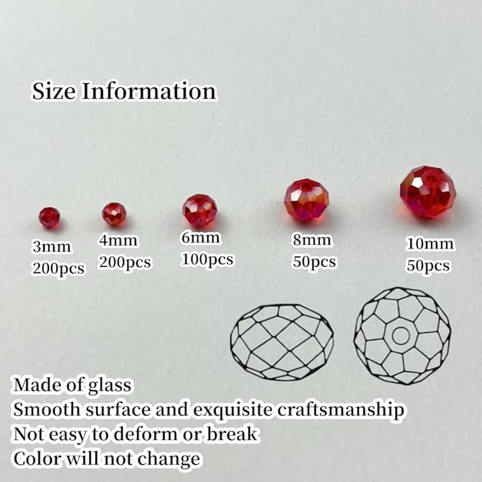 600pcs Crystal Glass Beads 3mm 4mm 6mm 8mm 10mm Rondelle Faceted Crystal Beads Spacer Beads for Necklace Bracelet Earrings DIY Jewelry Crafts Making Supplies(Red AB)