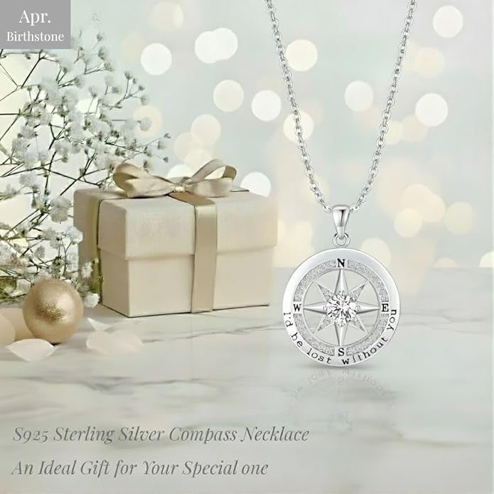Compass Necklace for Women Wife Girlfriend Mom Daughter Gifts S925 Sterling Silver Jewelry For Anniversary Rose Gold Gifts For Birthday Christmas Mothers Valentines Day 12 Birthstones